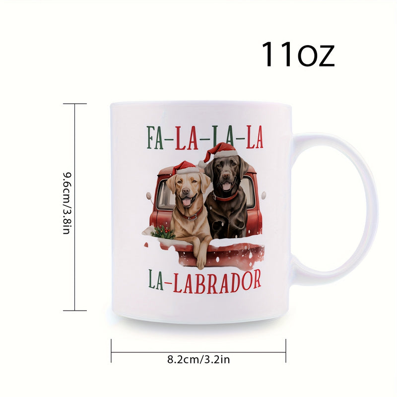 Tailorly White Ceramic 11 oz Mug - Fa La La La La Labrador Two Festive Pups Wearing Santa Hats Inside A Classic Red Truck Labrador