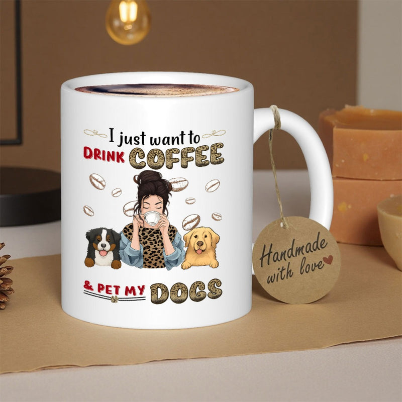 Tailorly White Ceramic 11 oz Mug - I Just Want To Drink Coffee And Pet My Dogs Woman Drinking Coffee Among Scattered Beans Accompanied By Two Friendly Dogs Mug