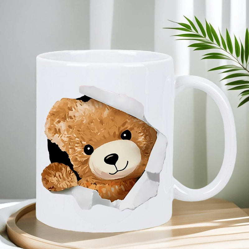 Tailorly White Ceramic 11 oz Mug - Adorable Brown Teddy Bear Peeking Through Torn Surface Of White Ceramic Bear