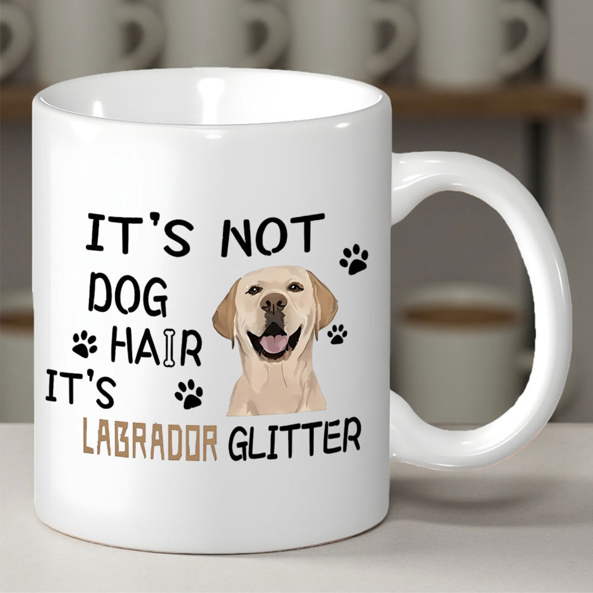 Tailorly White Ceramic 11 oz Mug - Its Not Dog Hair Its Labrador Glitter Smiling Golden Dog Head With Tiny Paw Prints And Small Bone Labrador
