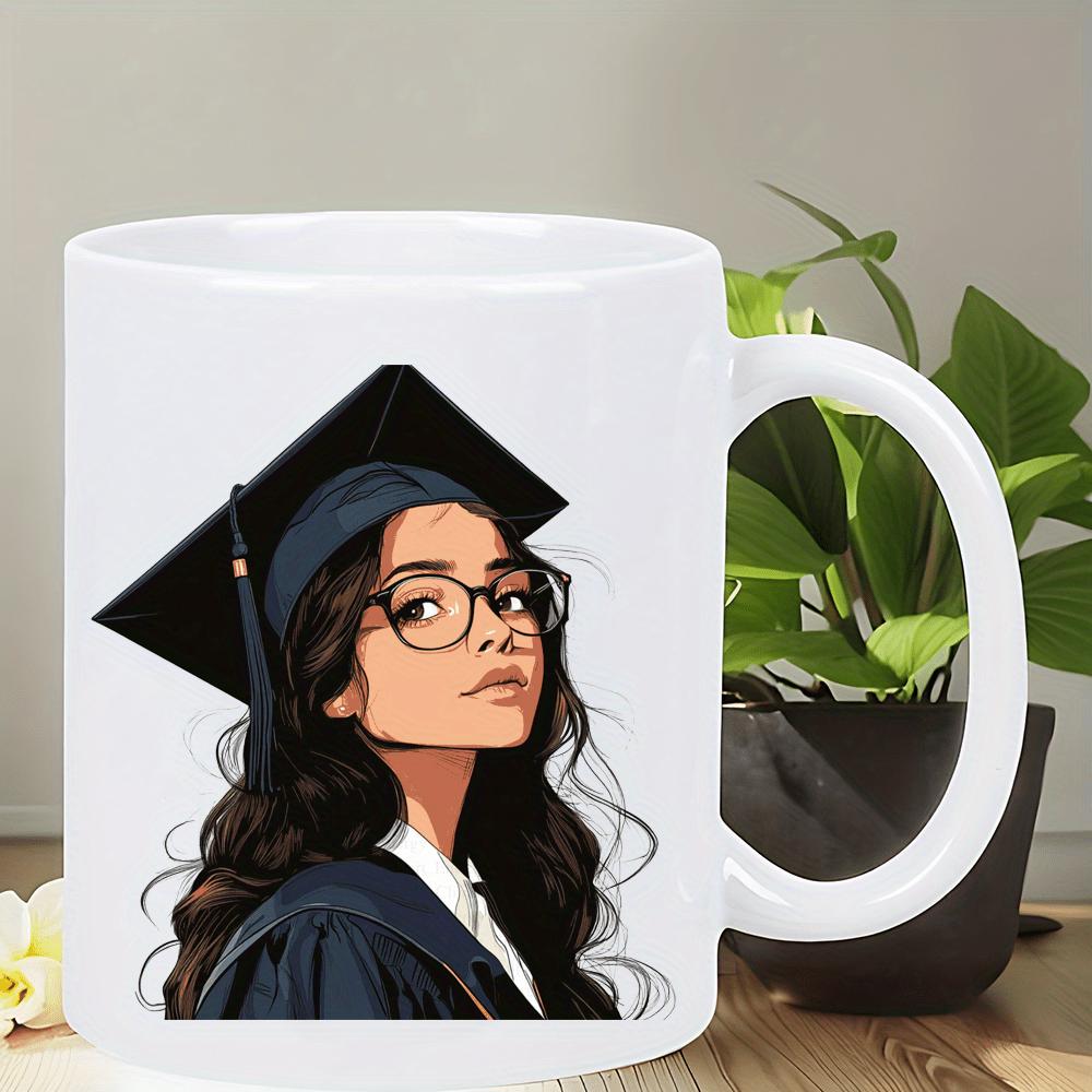 Tailorly White Ceramic 11 oz Mug - Intelligent Young Woman Wearing Mortarboard And Academic Gown Graduate
