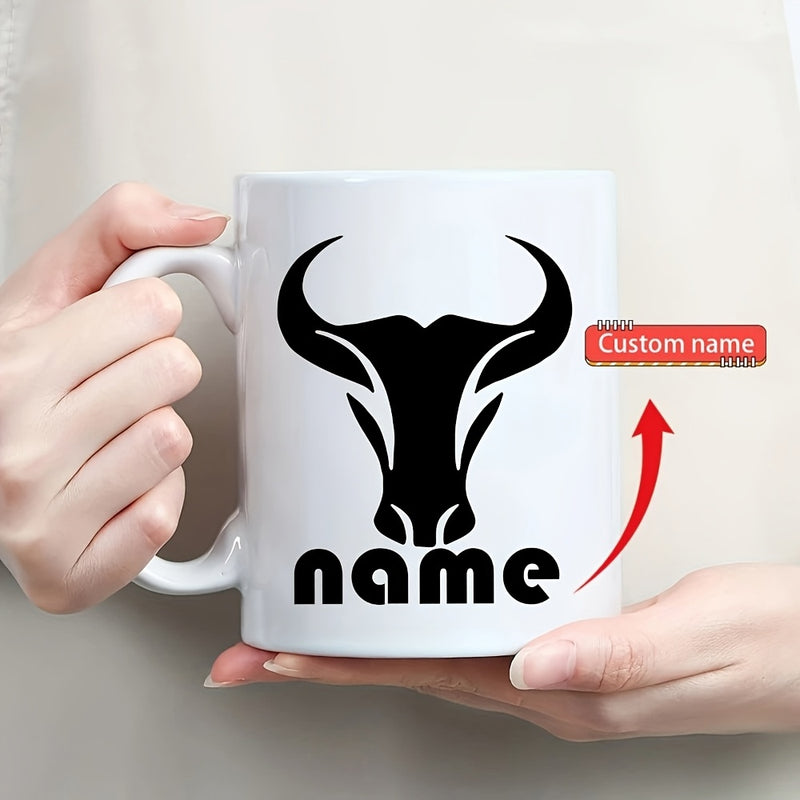 Tailorly White Ceramic 11 oz Mug - Name Minimalist Black Tribal Silhouette With Large Curved Pointed Horns Bull