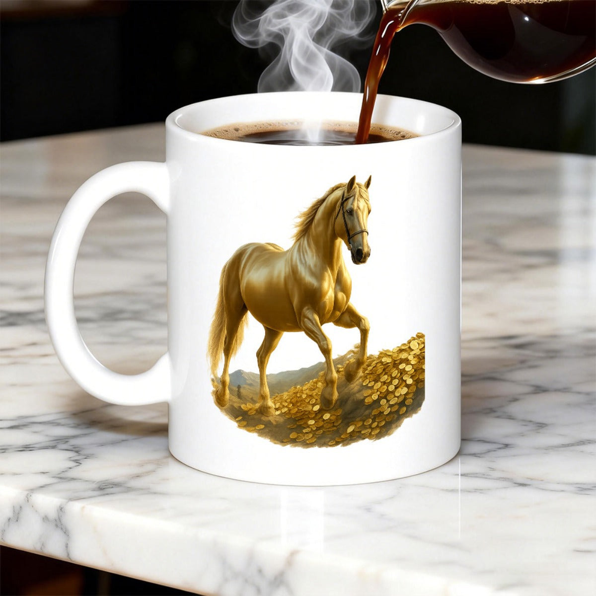 Tailorly White Ceramic 11 oz Mug - Majestic Golden Stallion Walking Gracefully On Shining Sunlit Rugged Earthy Path Horse