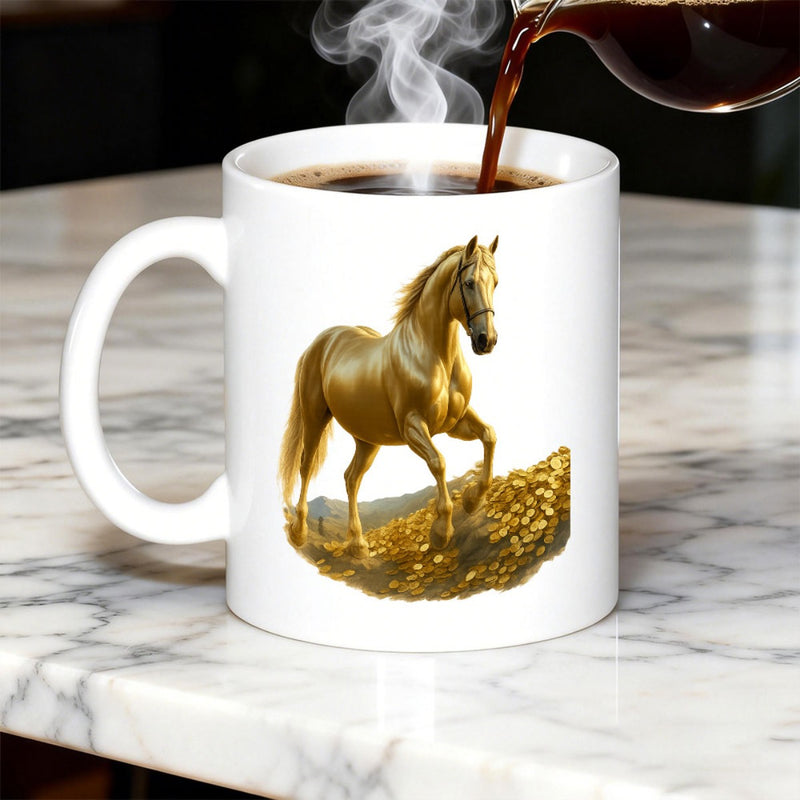Tailorly White Ceramic 11 oz Mug - Majestic Golden Stallion Walking Gracefully On Shining Sunlit Rugged Earthy Path Horse