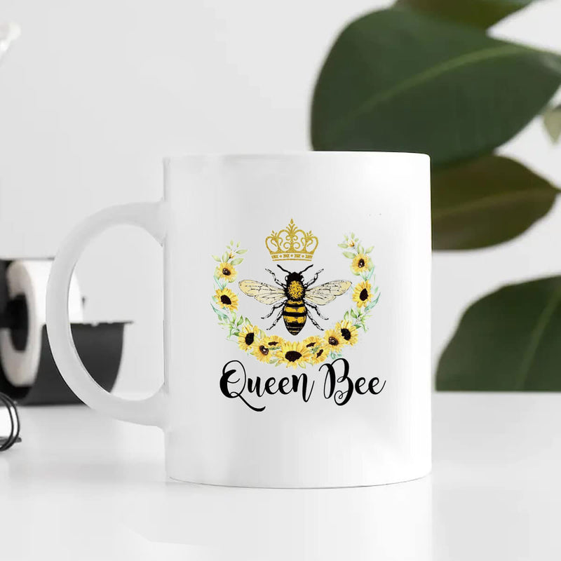 Tailorly White Ceramic 11 oz Mug - Queen Bee Golden Crowned Honeybee Surrounded By Circular Wreath Of Vibrant Yellow Sunflowers Bee