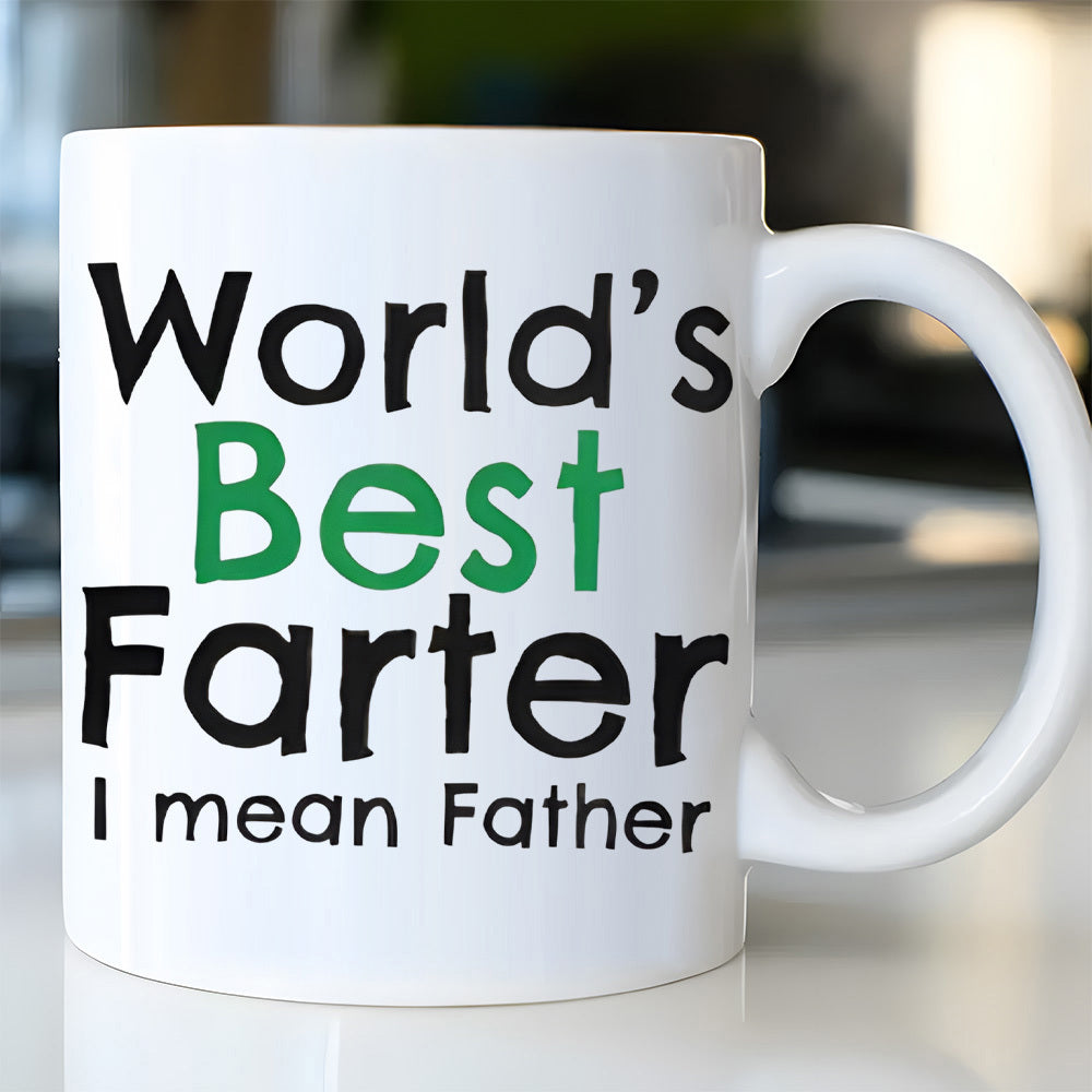 Tailorly White Ceramic 11 oz Mug - Worlds Best Farter I Mean Father Playful Bold Typography Displaying A Humorous Father Day Sarcastic Message Mug