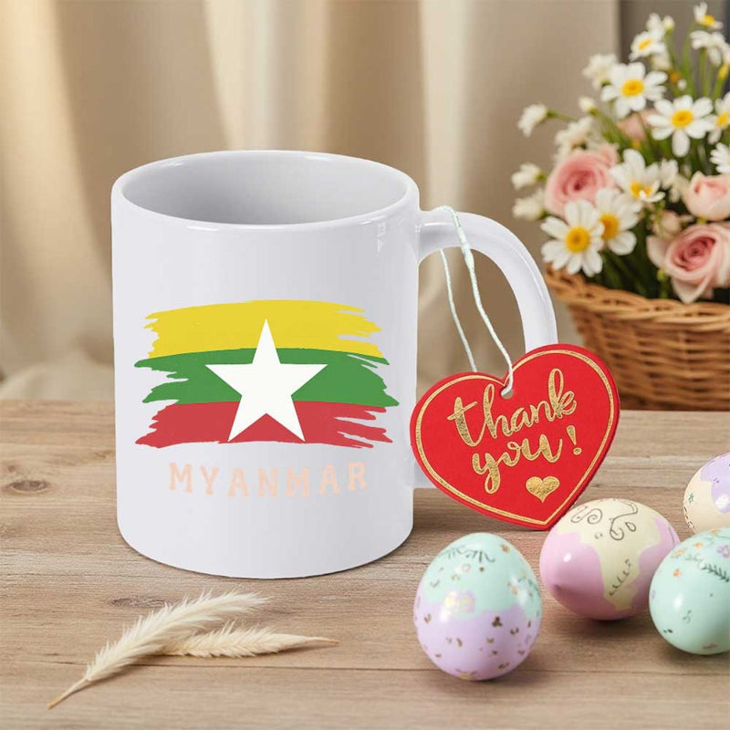 Tailorly White Ceramic 11 oz Mug - Myanmar Thank You Stylized Brushstroke National Flag Colors With A Large White Star Mug