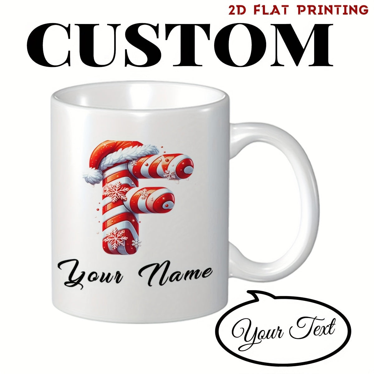 Tailorly White Ceramic 11 oz Mug - Custom Your Name Red And White Striped Festive Initial With Cute Santa Hat Candy Cane Letter