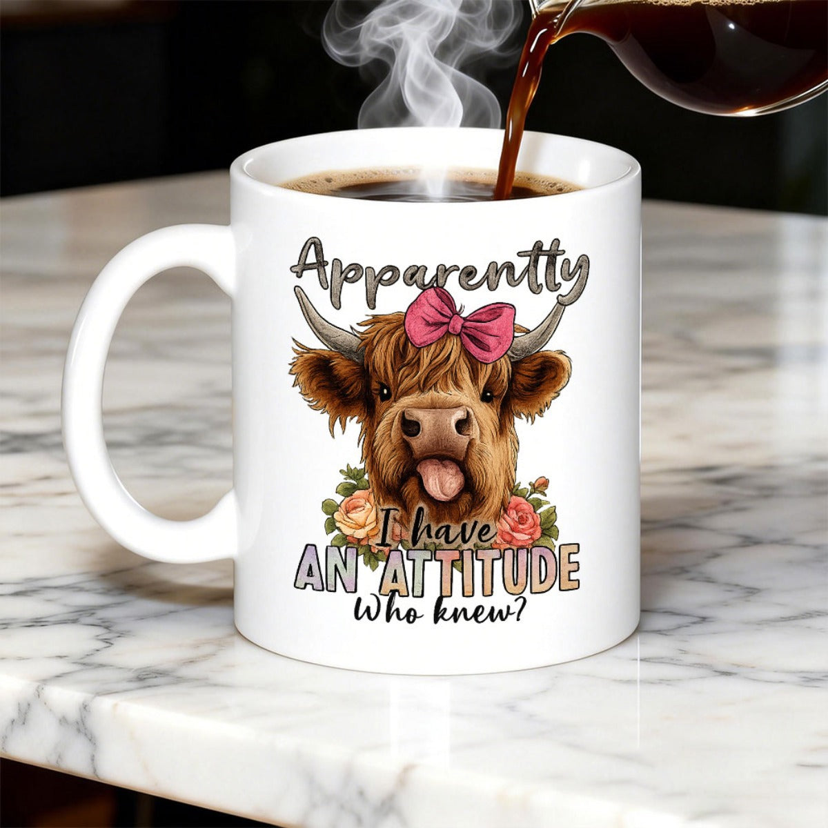 Tailorly White Ceramic 11 oz Mug - Apparently I Have An Attitude Who Knew Cute Highland Cow With Pink Bow And Flowers Sticking Out Tongue Cow