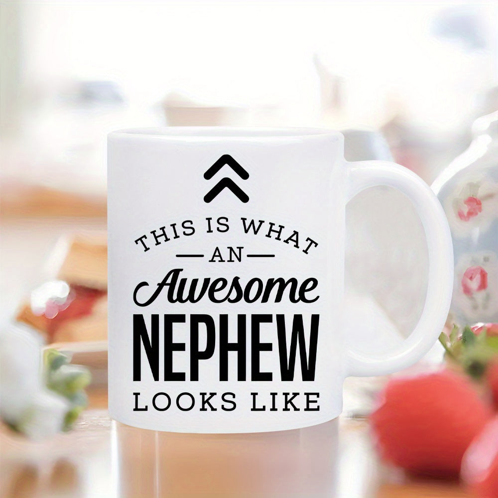 Tailorly White Ceramic 11 oz Mug - This Is What An Awesome Nephew Looks Like Minimalist Black Geometric Arrow Icons With Bold Stylish Typography Art Mug