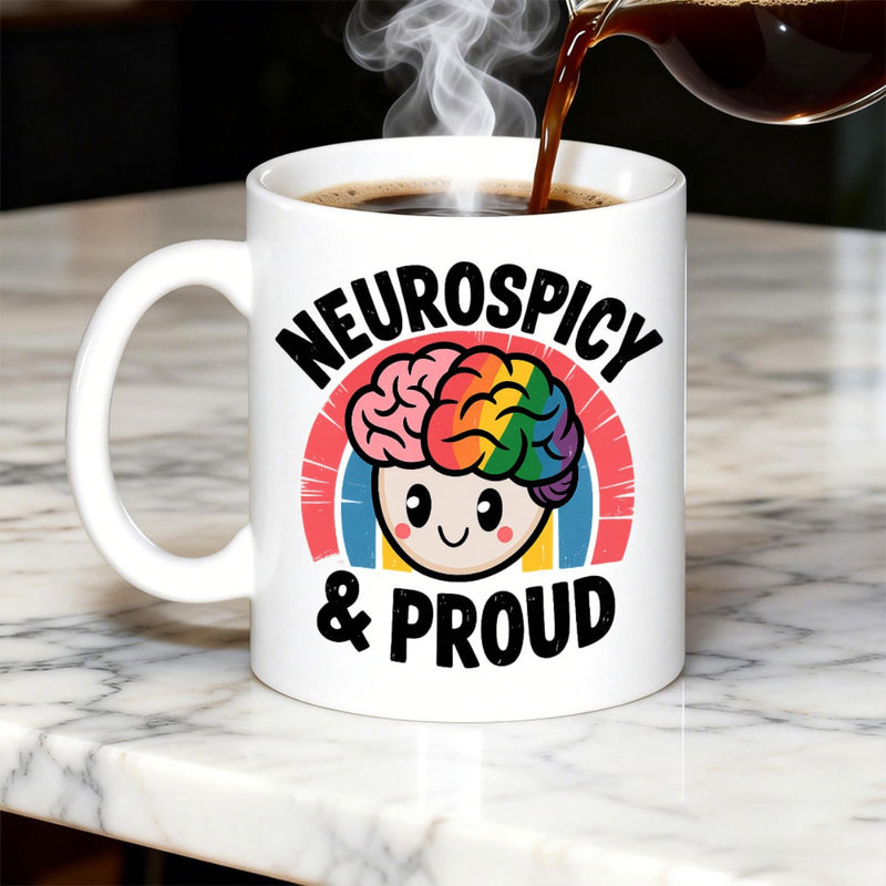 Tailorly White Ceramic 11 oz Mug - Neurospicy Proud Smiling Cartoon Character With Rainbow Colored Half Brain And Sunset Semicircle Brain