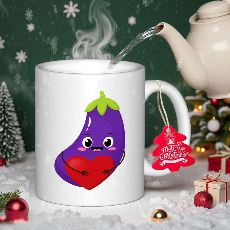 Tailorly White Ceramic 11 oz Mug - Merry Christmas Cute Smiling Purple Cartoon Character Holding A Bright Red Heart Eggplant