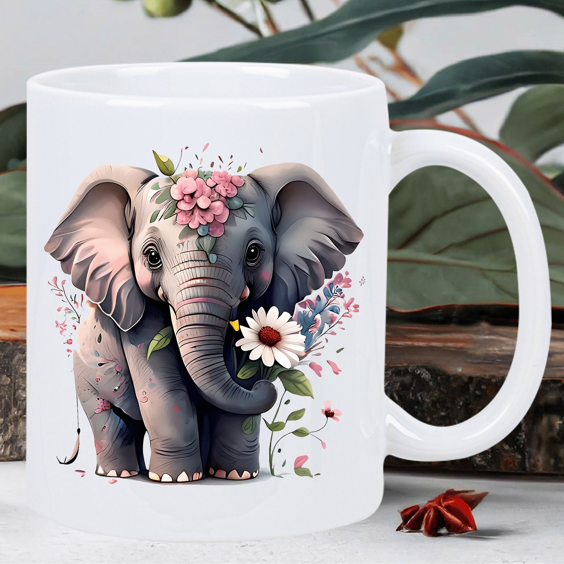 Tailorly White Ceramic 11 oz Mug - Adorable Baby Elephant Wearing Pink Flowers Holding A White Daisy Elephant