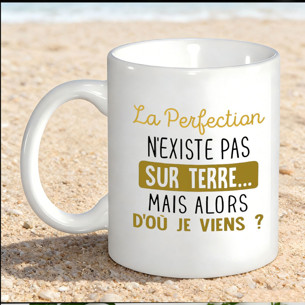 Tailorly White Ceramic 11 oz Mug - Minimalist White Ceramic Cup With Gold Accents And French Quotes Mug
