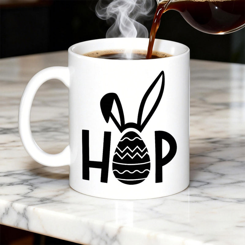 Tailorly White Ceramic 11 oz Mug - Hop Minimalist Black Ink Silhouette Easter Egg With Long Cute Bunny Ears Rabbit