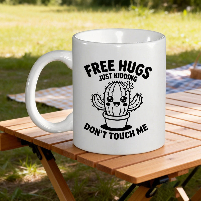 Tailorly White Ceramic 11 oz Mug - Free Hugs Just Kidding Don T Touch Me Cheerful Smiling Potted Succulent Plant Featuring A Small Delicate Petal Flower Cactus