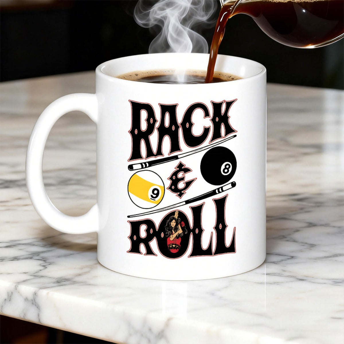 Tailorly White Ceramic 11 oz Mug - Rack Roll Vintage Western Style Typography Featuring Billiard Cues With Numbered Pool Balls Billiards