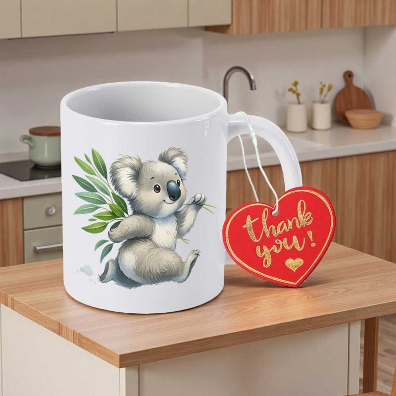 Tailorly White Ceramic 11 oz Mug - Thank You Adorable Grey Cartoon Koala Holding Green Eucalyptus Leaves Among White Background Koala