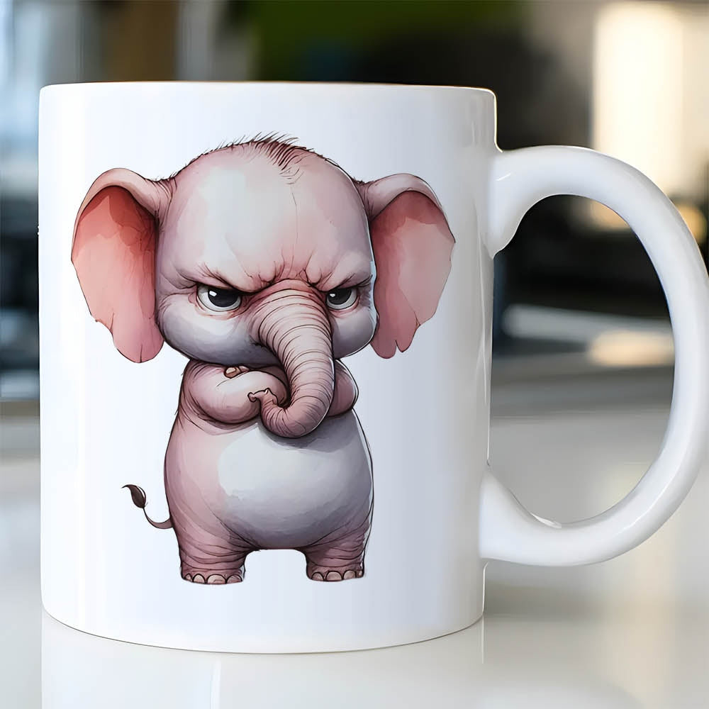 Tailorly White Ceramic 11 oz Mug - Adorable Small Pink Baby Elephant Standing With Grumpy Facial Expressions Elephant