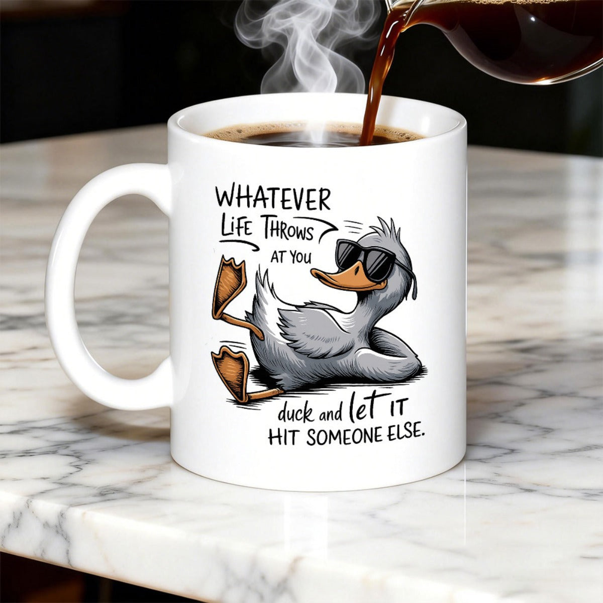 Tailorly White Ceramic 11 oz Mug - Whatever Life Throws At You Duck And Let It Hit Someone Else Relaxed Grey Cartoon Duck Wearing Sunglasses Resting On White