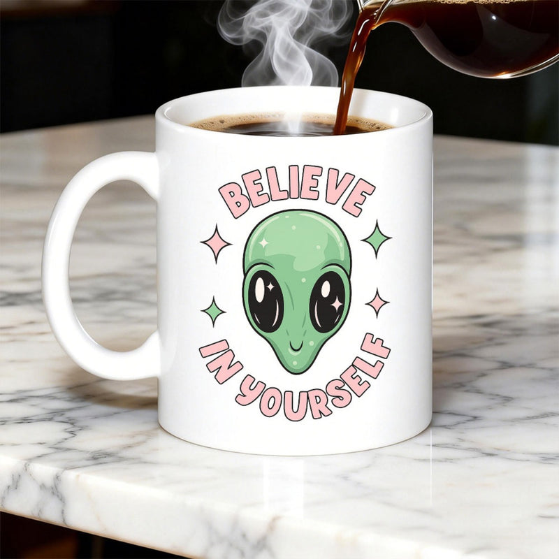 Tailorly White Ceramic 11 oz Mug - Believe In Yourself Adorable Green Extraterrestrial Head Among Sparkling Stars With Motivational Message Alien