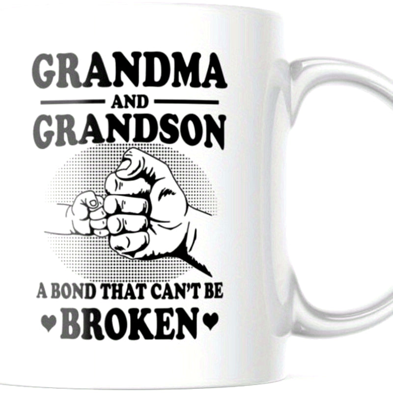 Tailorly White Ceramic 11 oz Mug - Grandma And Grandson A Bond That Cant Be Broken Emotional Connection Representing Strong Family Love In Line Art Fist Bump