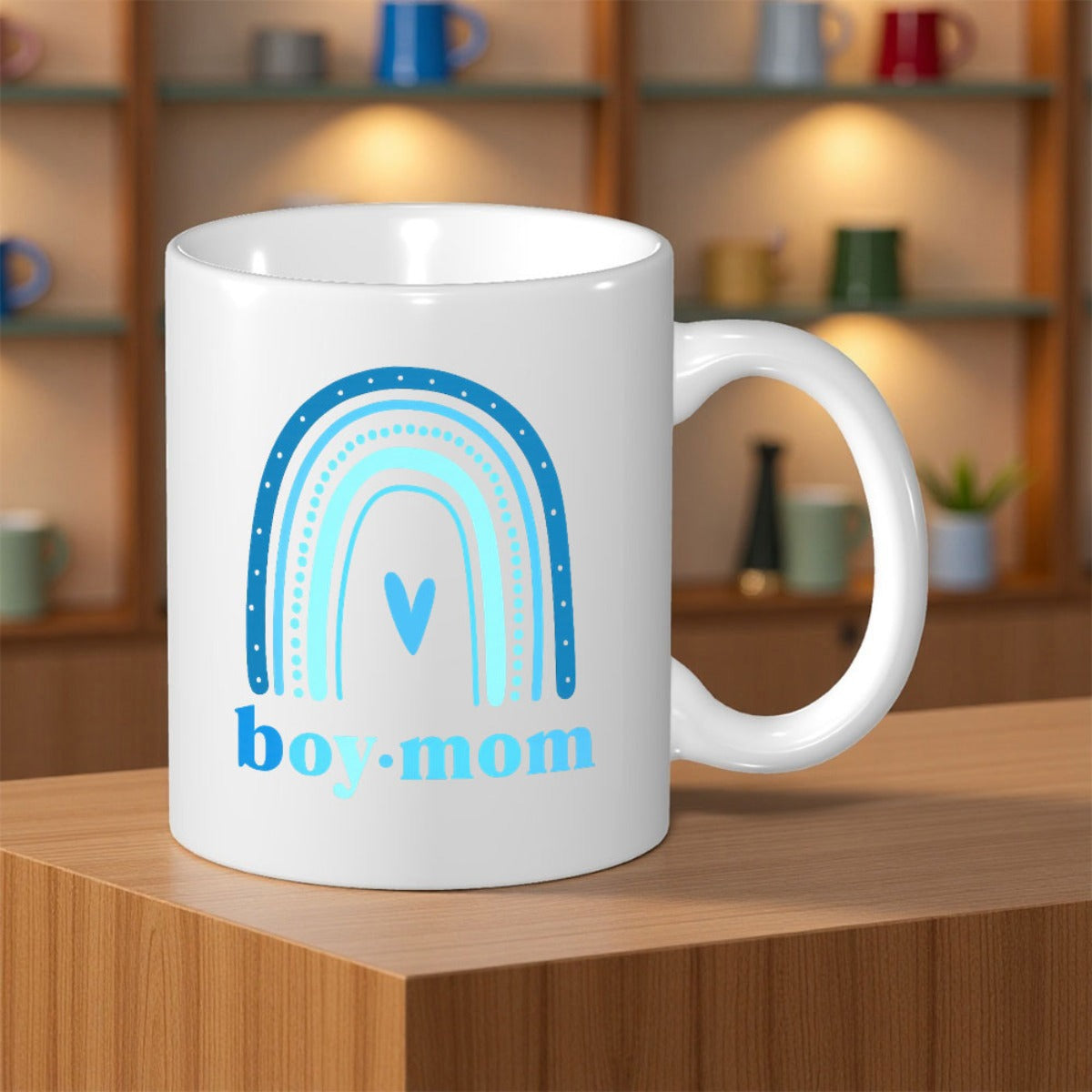 Tailorly White Ceramic 11 oz Mug - Boy Mom Minimalist Blue Arches With Heart Among Gentle Soft Tones Rainbow