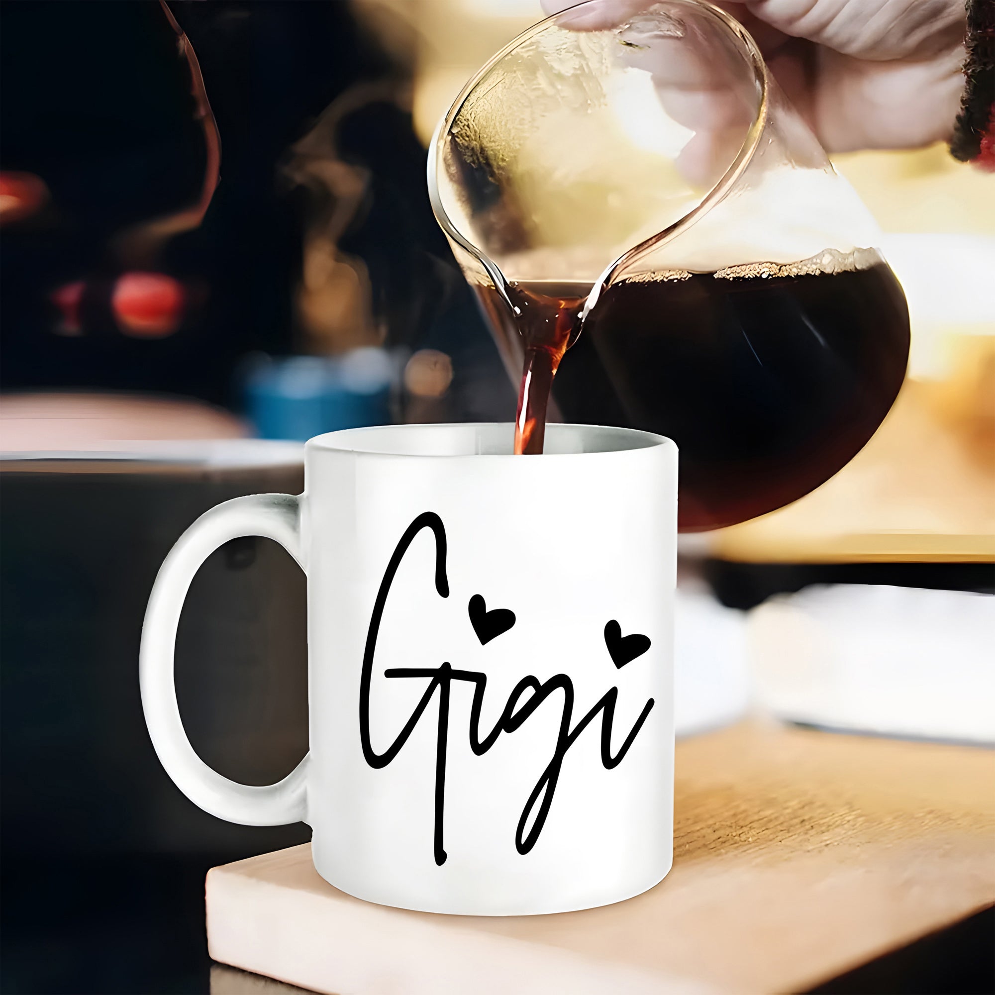 Tailorly White Ceramic 11 oz Mug - Gigi Minimalist Black Cursive Lettering With Small Delicate Floating Solid Black Hearts