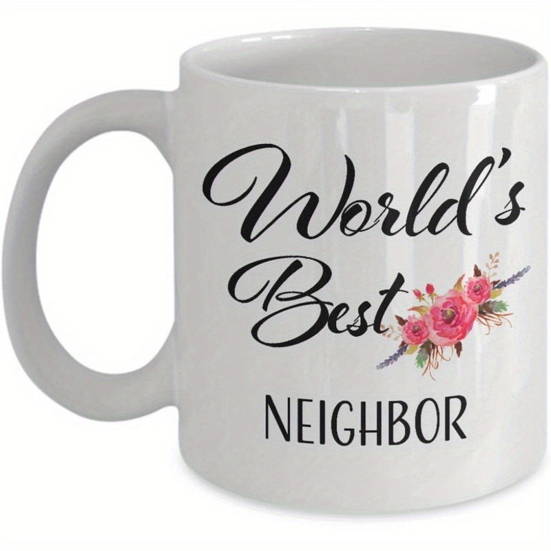 Tailorly White Ceramic 11 oz Mug - World's Best Neighbor Elegant Blooming Pink Watercolor Roses With Delicate Green Leaves Flower