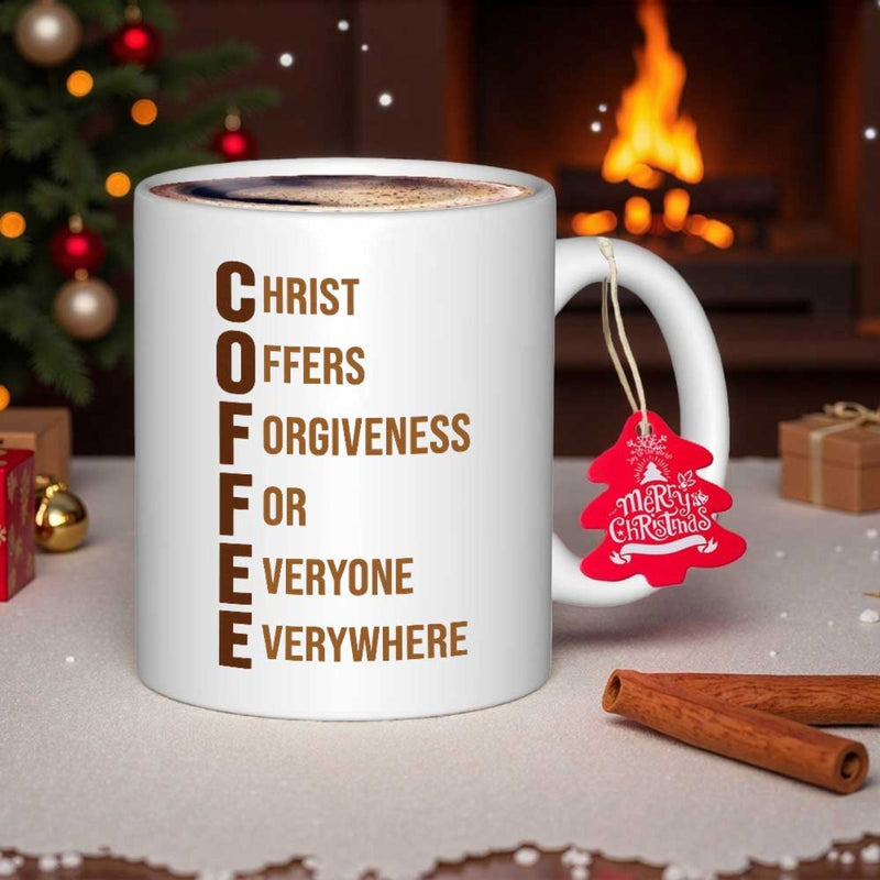 Tailorly White Ceramic 11 oz Mug - Coffee Christ Offers Forgiveness For Everyone Everywhere Sleek Resting On Festive Table Near Warm Glowing Fireplace Mug