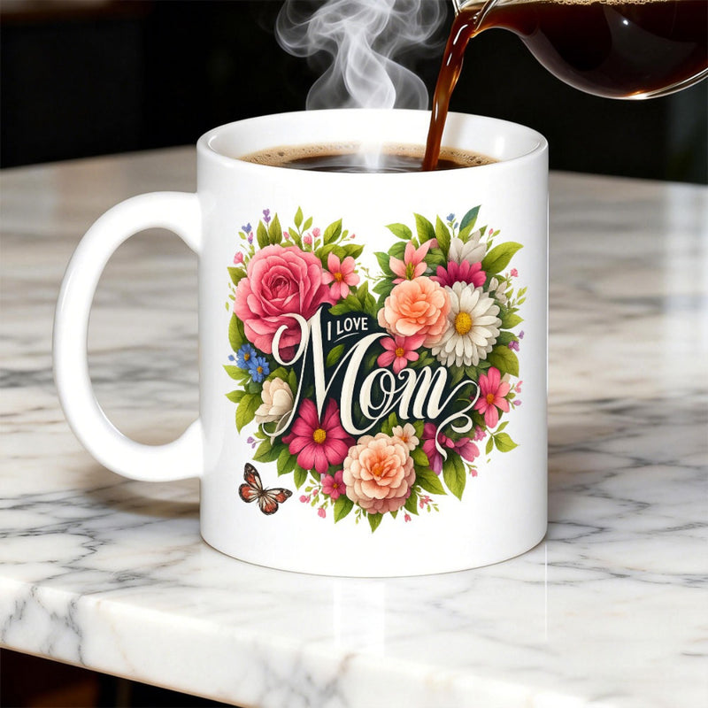 Tailorly White Ceramic 11 oz Mug - I Love Mom Vibrant Blooming Flowers In A Heart Shape With A Butterfly Heart