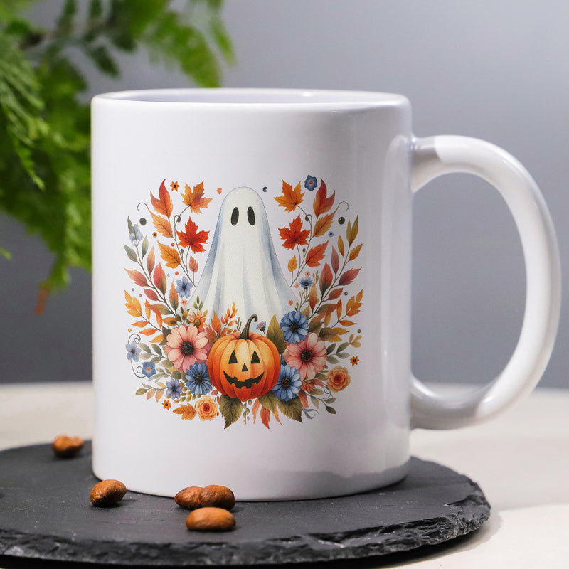 Tailorly White Ceramic 11 oz Mug - Cute White Ghost Emerging From Vibrant Autumn Leaves And Carved Halloween Pumpkin