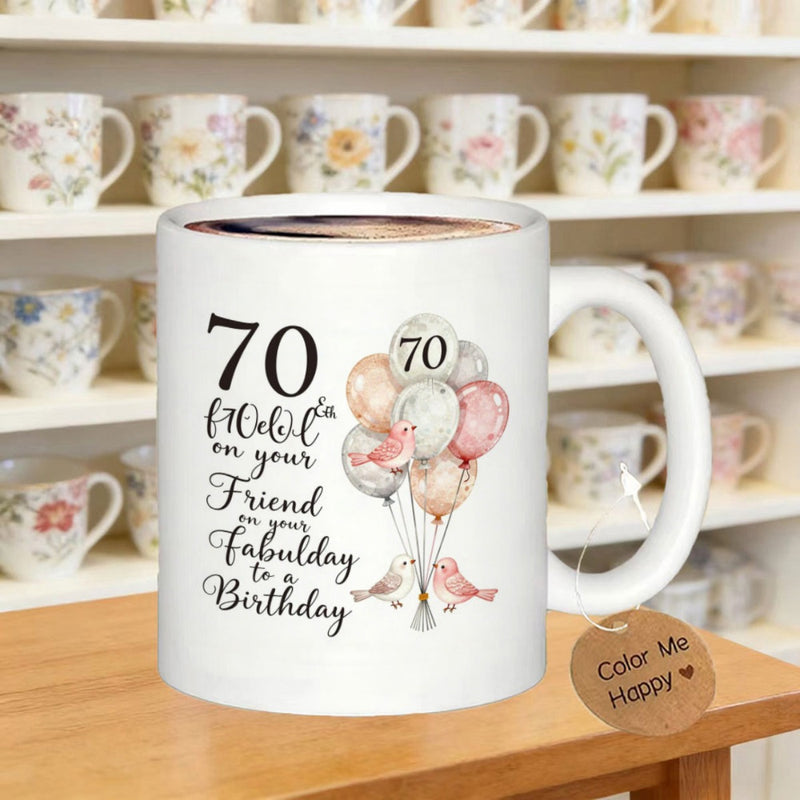 Tailorly White Ceramic 11 oz Mug - 70 Fabulous Birthday Friend Watercolor Balloons With Small Birds Floating In Soft Pastel Colors Balloon