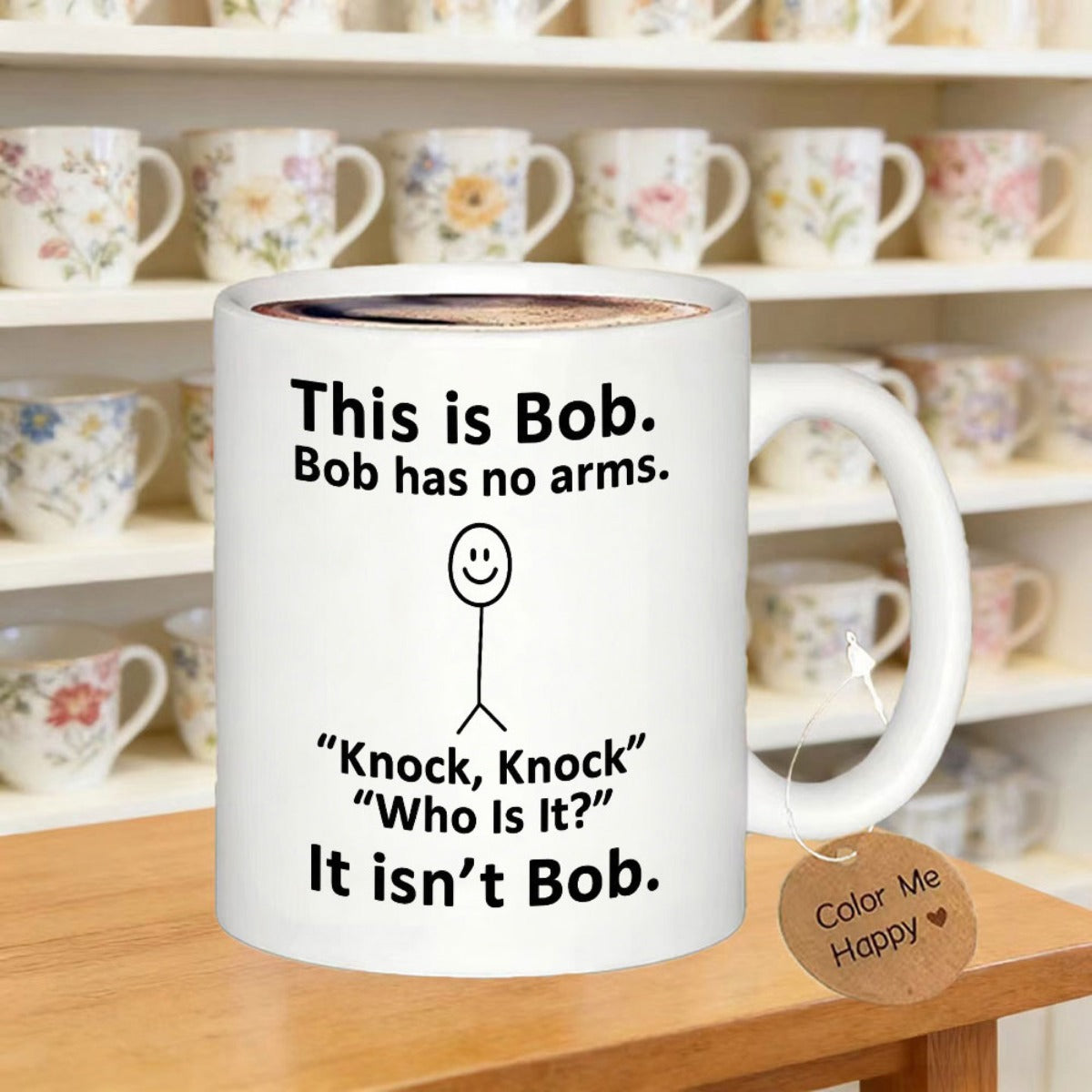 Tailorly White Ceramic 11 oz Mug - This Is Bob Bob Has No Arms Knock Knock Who Is It It Isnt Bob Minimalist Black Line Stick Figure Drawing Centered On Ceramic