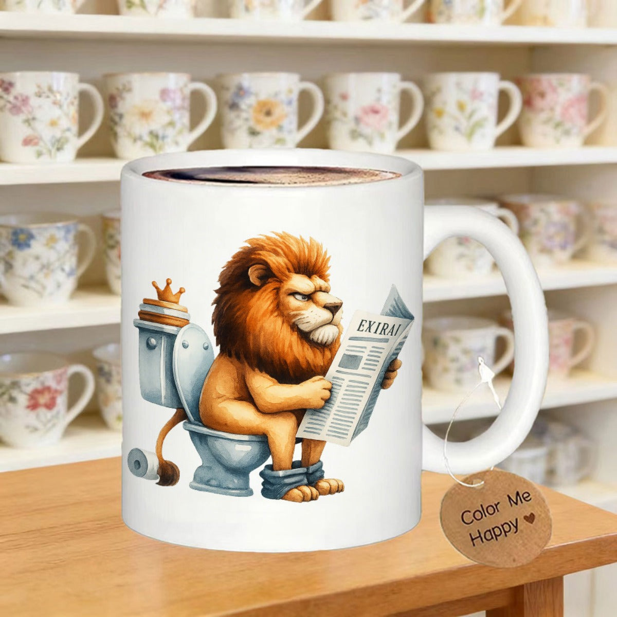 Tailorly White Ceramic 11 oz Mug - Extra Humorous King Lion Sitting On Blue Toilet Reading Newspaper Lion