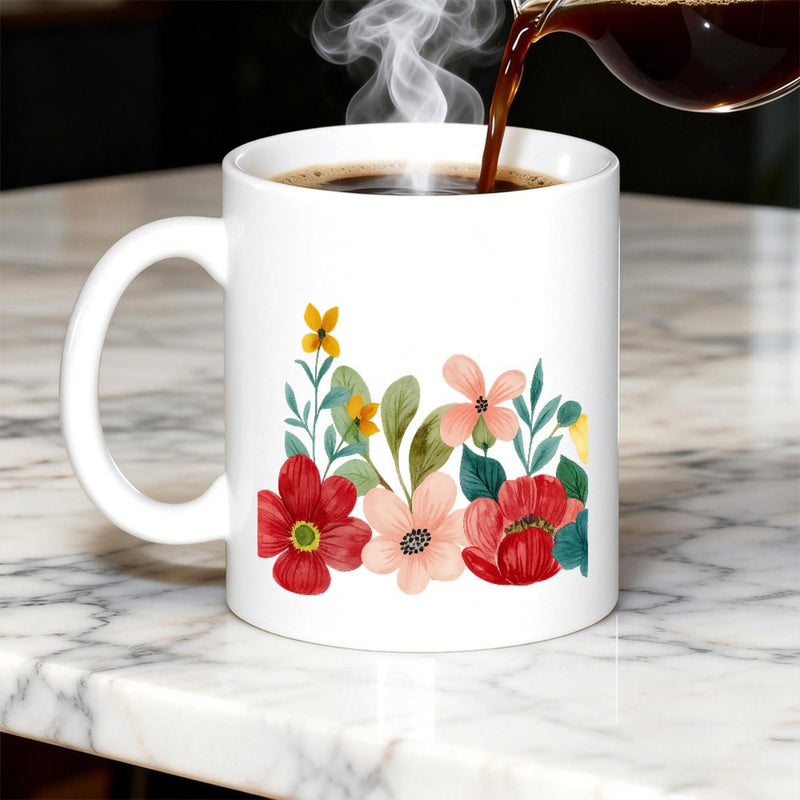 Tailorly White Ceramic 11 oz Mug - Vibrant Watercolor Blossoms Blooming With Lush Green Leaves In Garden Flower