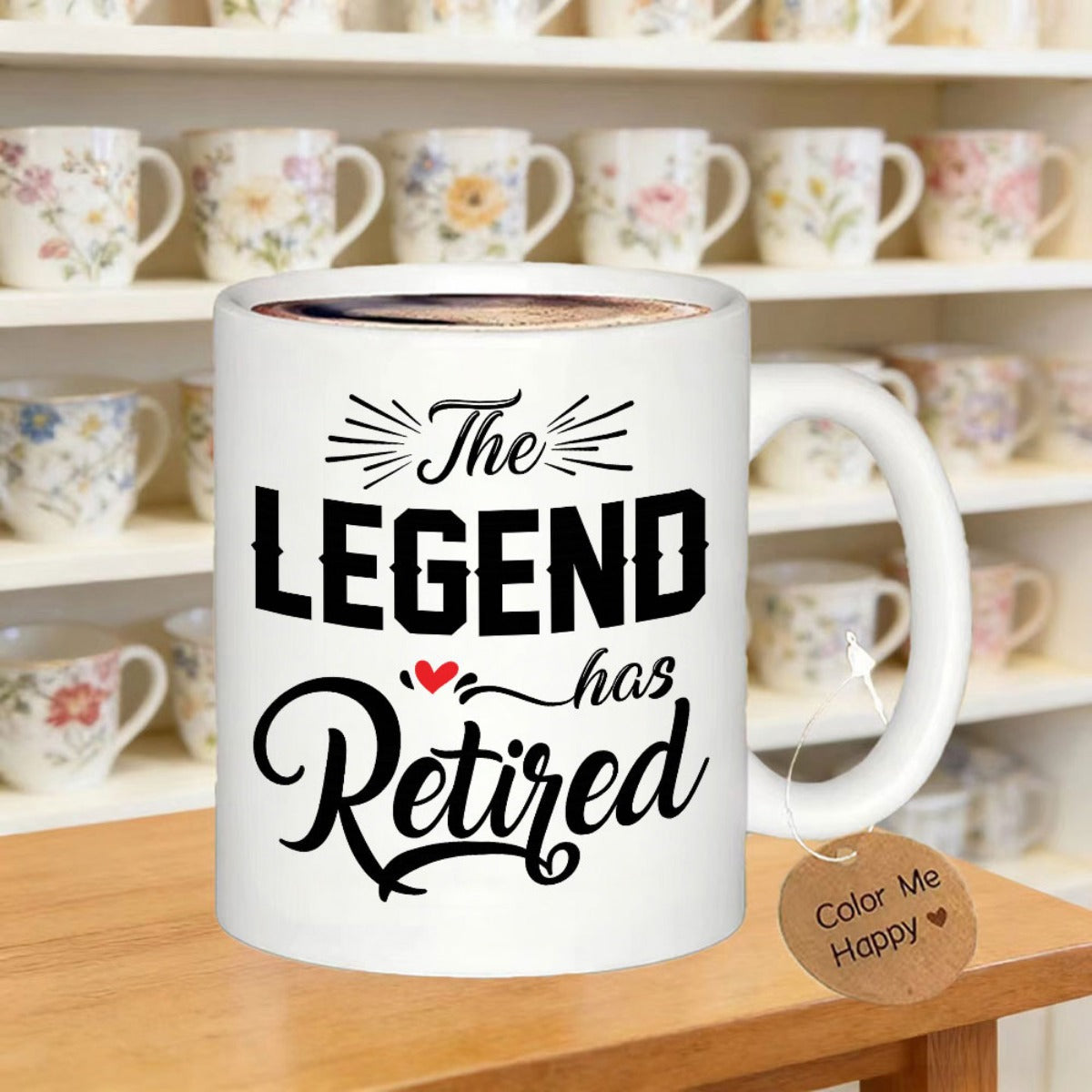 Tailorly White Ceramic 11 oz Mug - The Legend Has Retired Bold Black Typography With Decorative Script And Minimal Red Heart Mug
