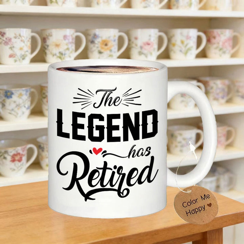 Tailorly White Ceramic 11 oz Mug - The Legend Has Retired Bold Black Typography With Decorative Script And Minimal Red Heart Mug