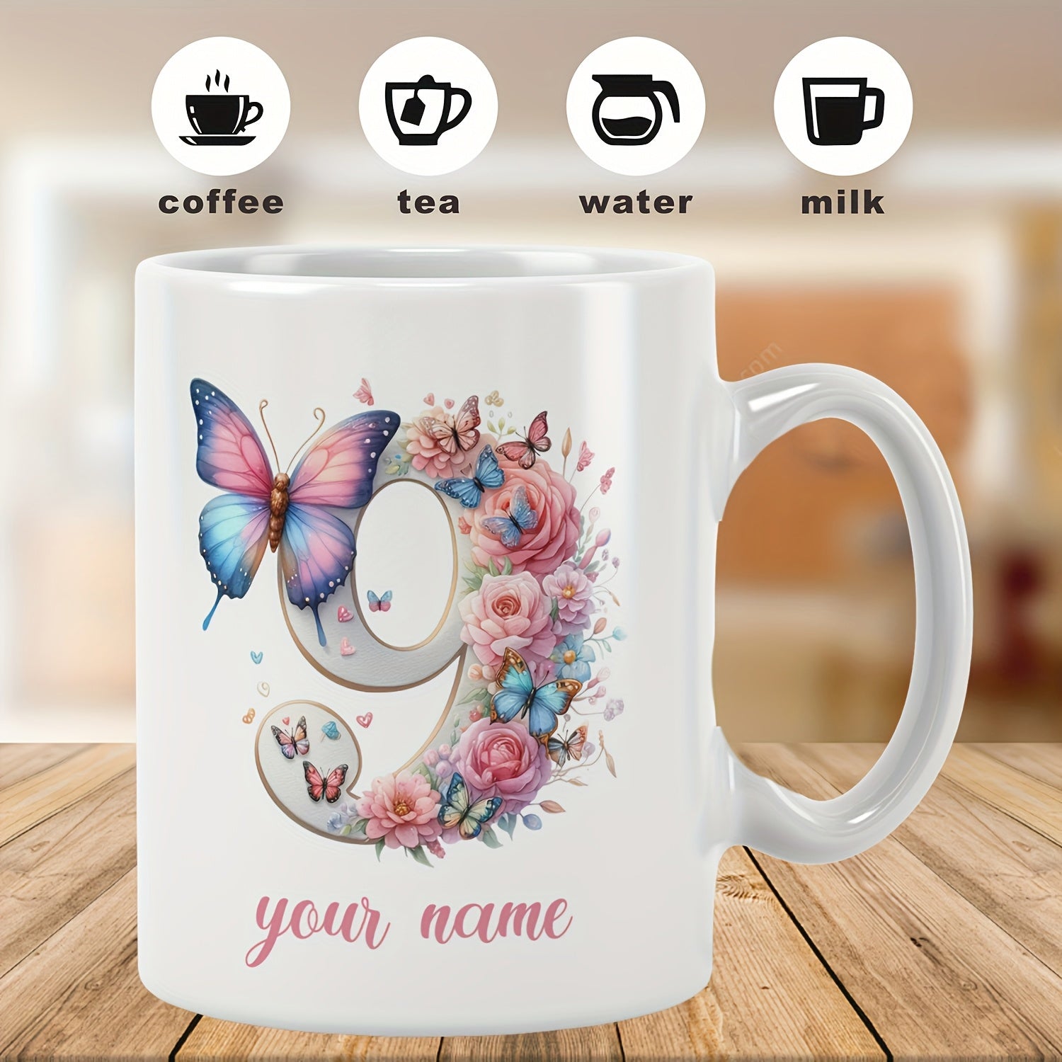Tailorly White Ceramic 11 oz Mug - Your Name Beautiful Pink Flowers And Vibrant Butterflies Decorating Number Nine