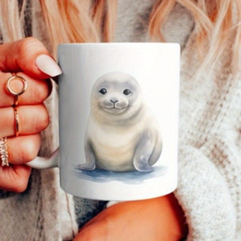 Tailorly White Ceramic 11 oz Mug - Watercolor Style Cute Little Baby Harp Sitting On Blue Ice Seal