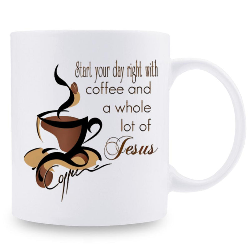 Tailorly White Ceramic 11 oz Mug - Start Your Day Right With Coffee And A Whole Lot Of Jesus Artistic Brown Steaming Cup Featuring Elegant Swirls And Decorative