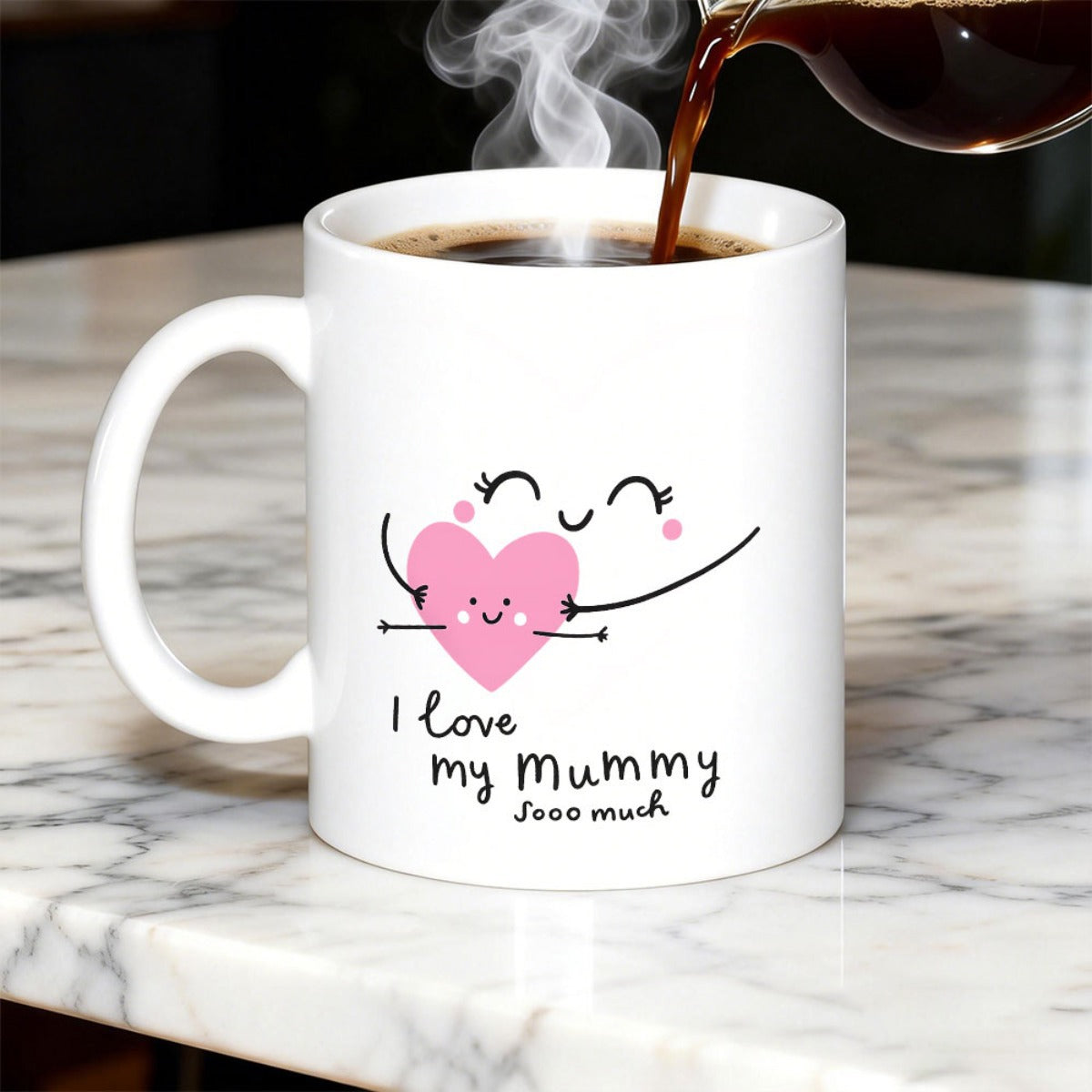 Tailorly White Ceramic 11 oz Mug - I Love My Mummy Sooo Much Cute Smiling Face Hugging A Tiny Pink Heart Among Minimalist Lines Heart