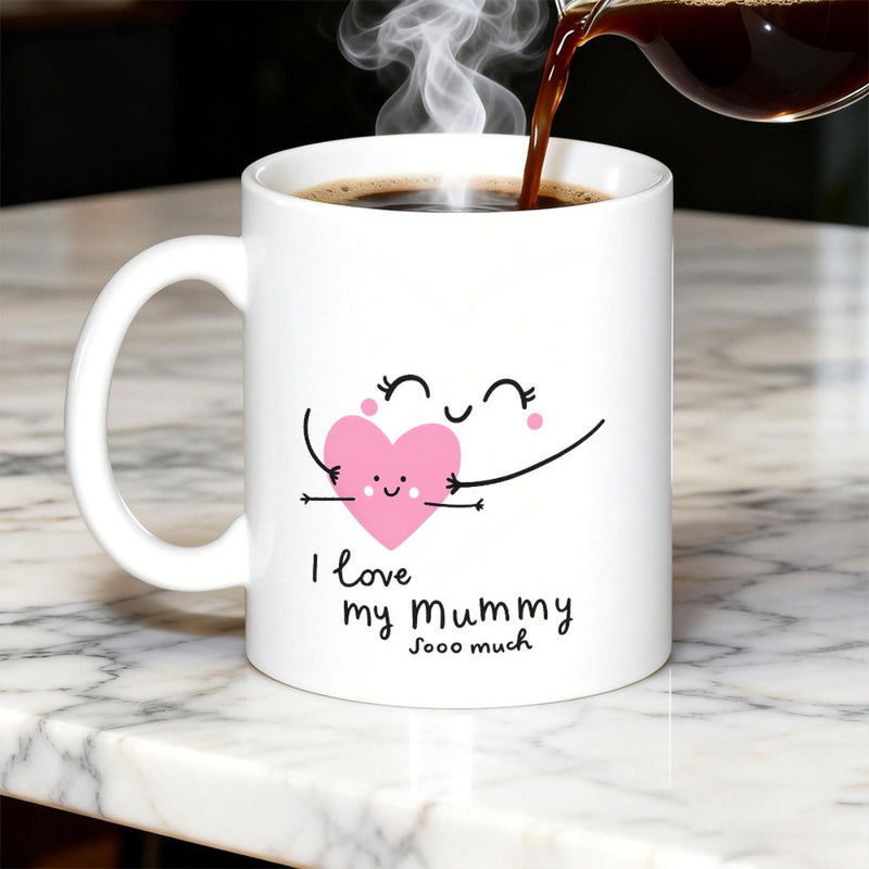 Tailorly White Ceramic 11 oz Mug - I Love My Mummy Sooo Much Cute Smiling Face Hugging A Tiny Pink Heart Among Minimalist Lines Heart