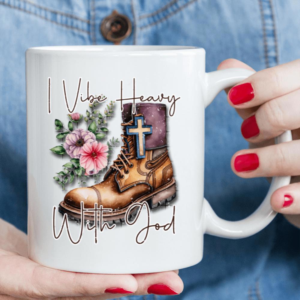 Tailorly White Ceramic 11 oz Mug - I Vibe Heavy With God Classic Brown Leather Work Boot With Delicate Pink Flowers And Small Cross Boot