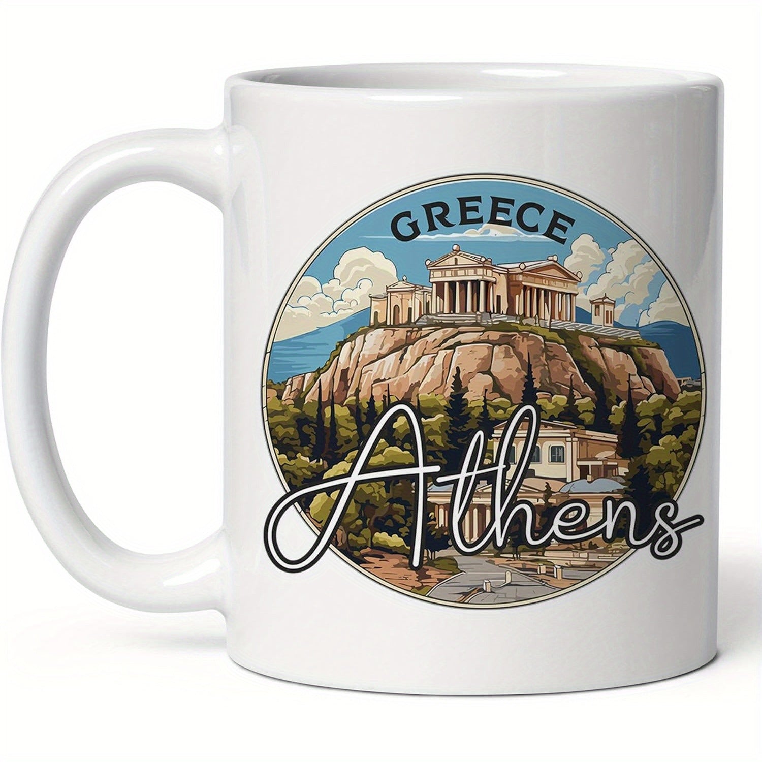 Tailorly White Ceramic 11 oz Mug - Greece Athens Majestic Ancient Greek Parthenon Sitting Atop Scenic Hill With Lush Green Trees Acropolis