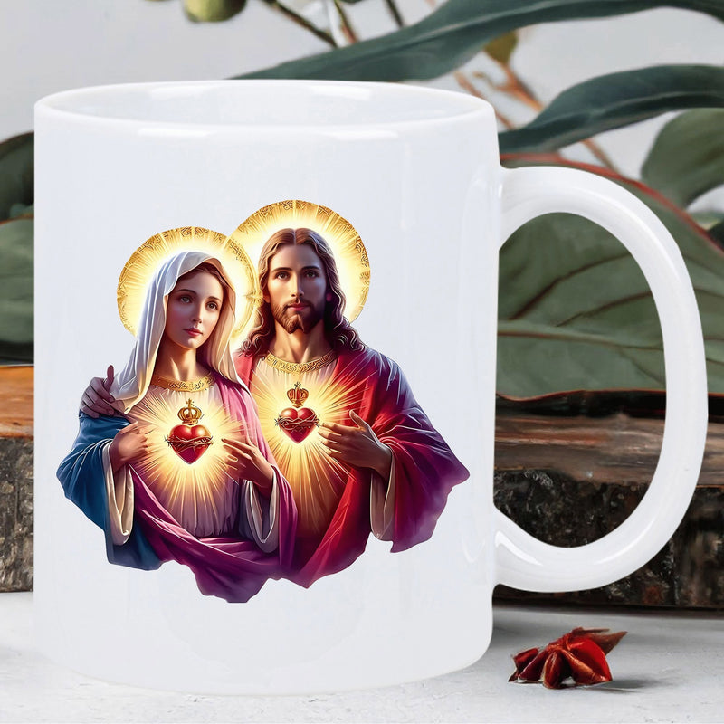 Tailorly White Ceramic 11 oz Mug - Sacred Heart Of Jesus And Immaculate Mary Radiant Under Golden Light Portrait