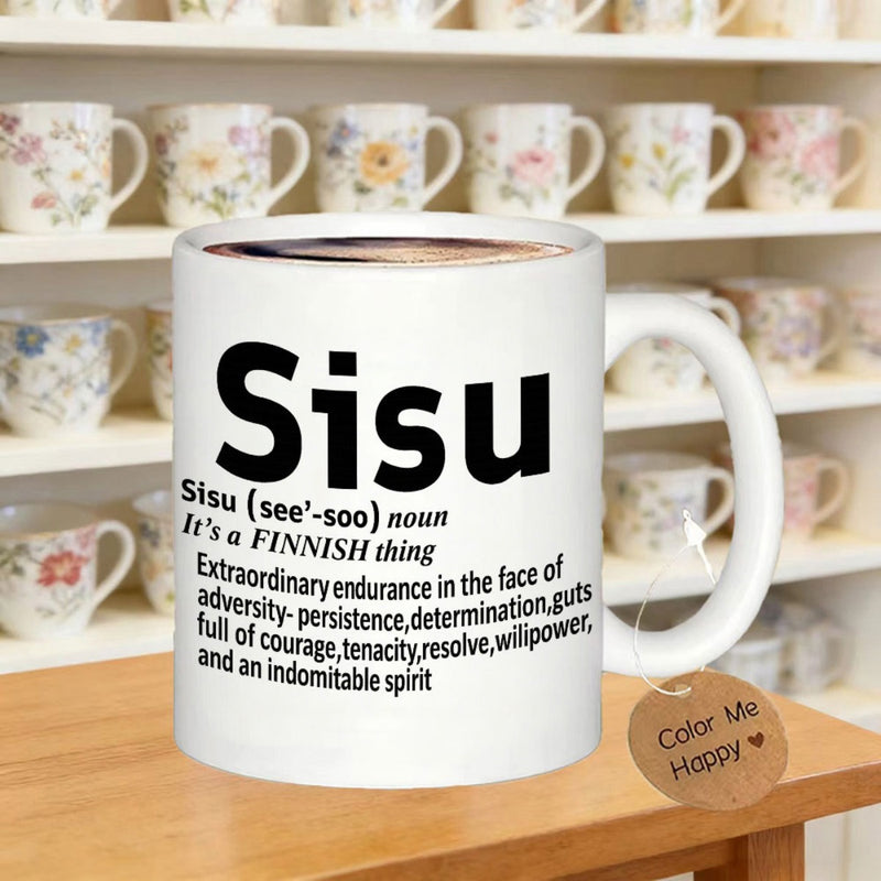Tailorly White Ceramic 11 oz Mug - Sisu Finnish Thing Minimalist Bold Black Dictionary Style Definition Script Typography Art