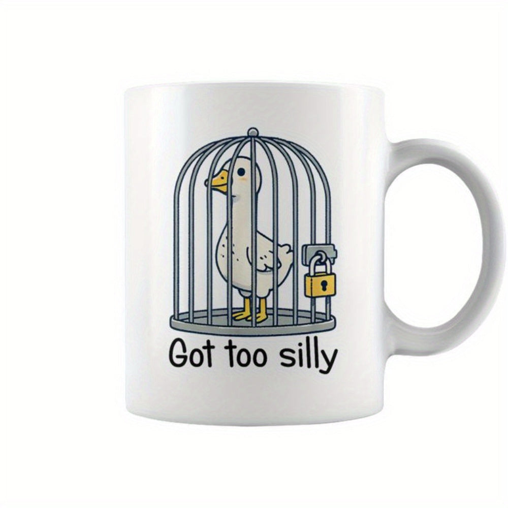 Tailorly White Ceramic 11 oz Mug - Got Too Silly Cartoon Goose Trapped Inside A Grey Metal Cage With Yellow Lock Goose