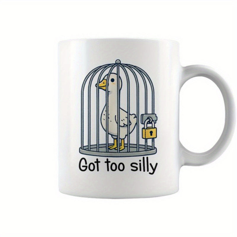 Tailorly White Ceramic 11 oz Mug - Got Too Silly Cartoon Goose Trapped Inside A Grey Metal Cage With Yellow Lock Goose