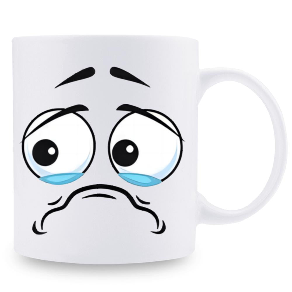 Tailorly White Ceramic 11 oz Mug - Sad Cartoon Expression Featuring Big Eyes With Blue Watery Tears Face